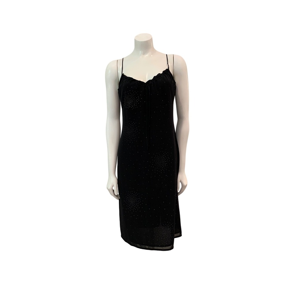 Vintage ESPRIT de Corp Rhinestone Slip Dress Small Black Ruffle Y2K Glam